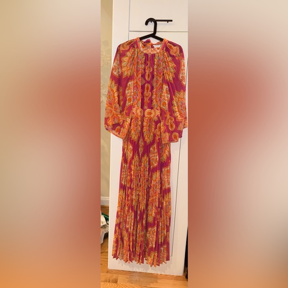 NWT High Neck Pink and Orange Paisley Pleated Open Back Maxi Dress Size XL - Picture 2 of 14
